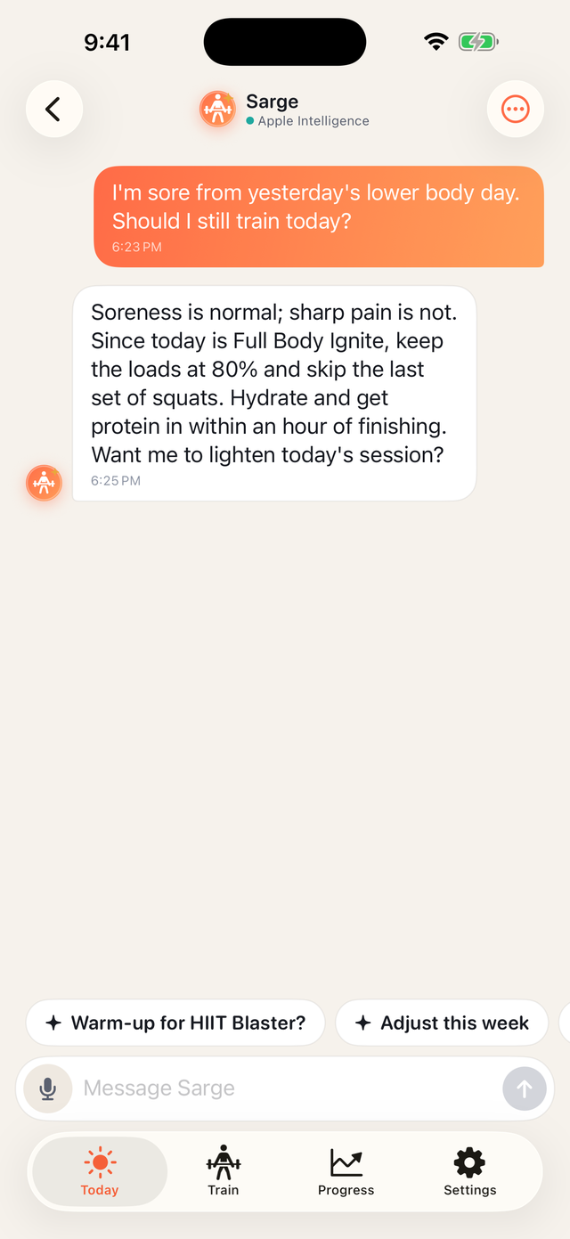Chat with Sarge about soreness and today's plan