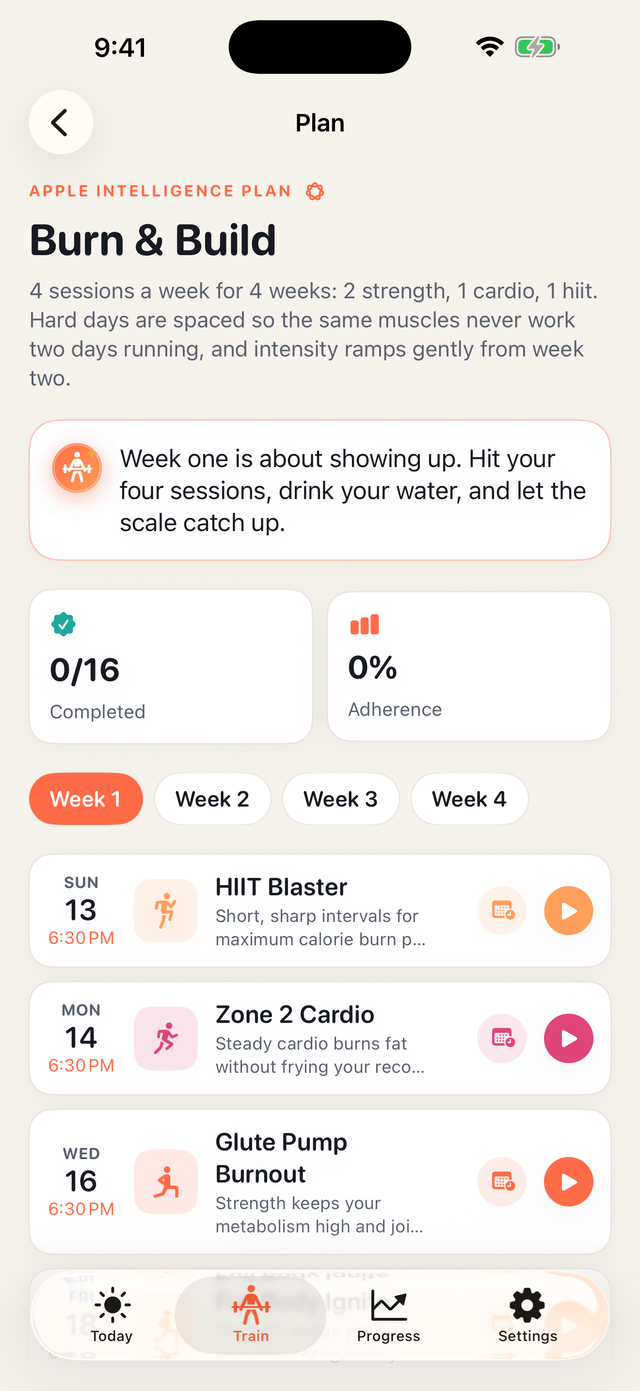 Four-week plan overview generated by Apple Intelligence
