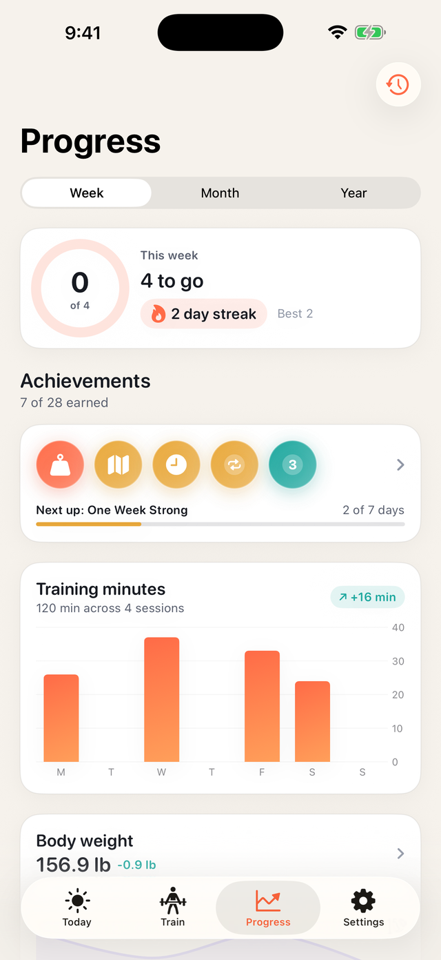 Progress screen with weekly training minutes chart and streak