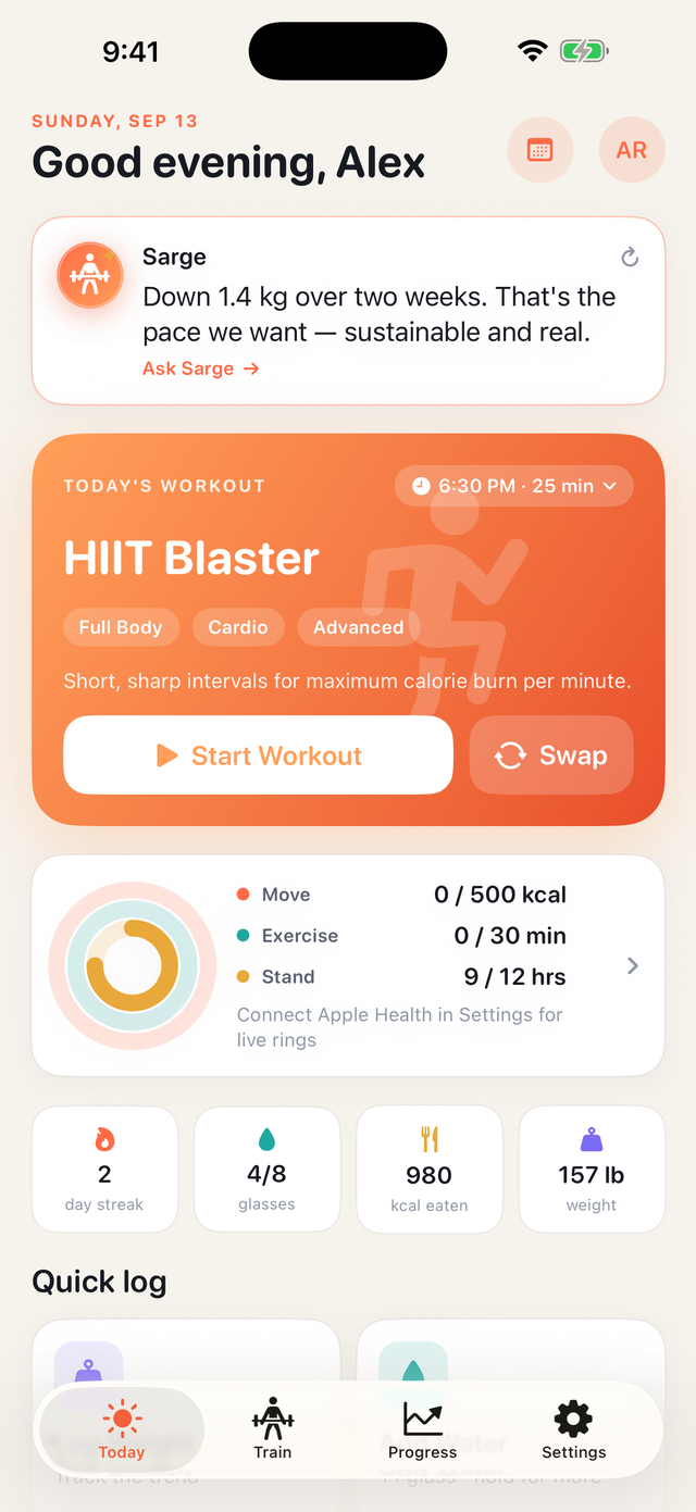 Today screen with Sarge's daily nudge, today's workout, and activity rings