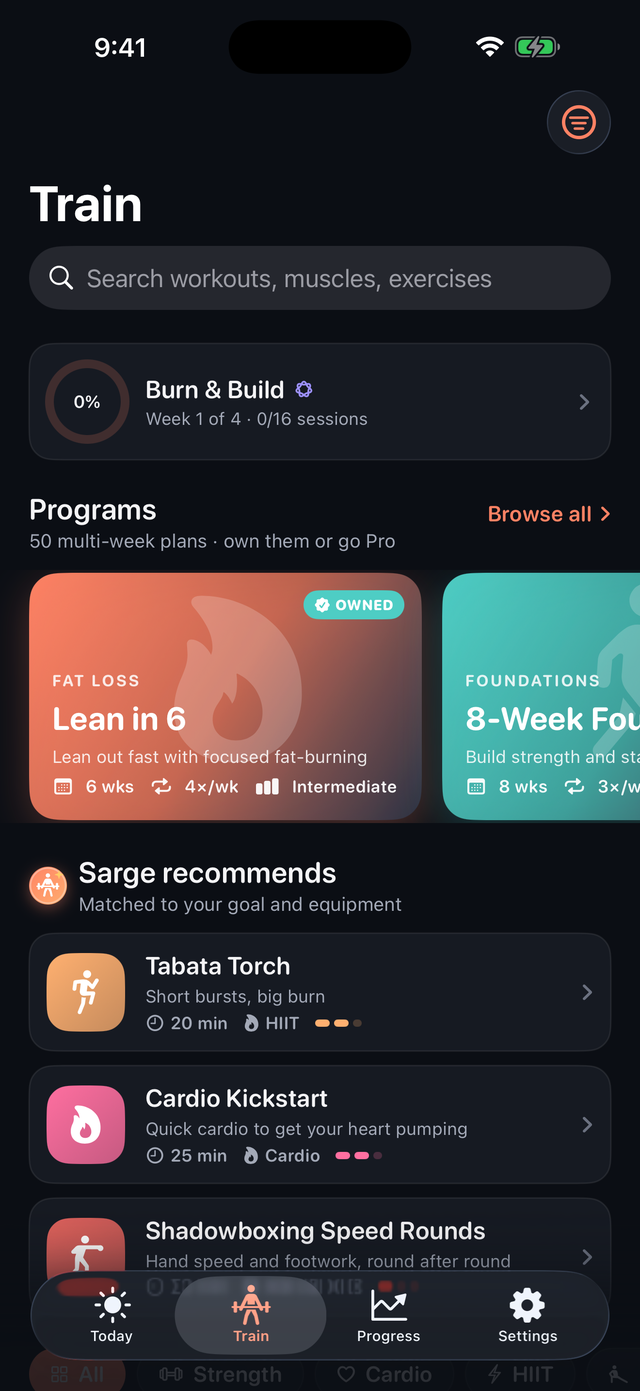 Train tab in dark mode with programs and recommendations