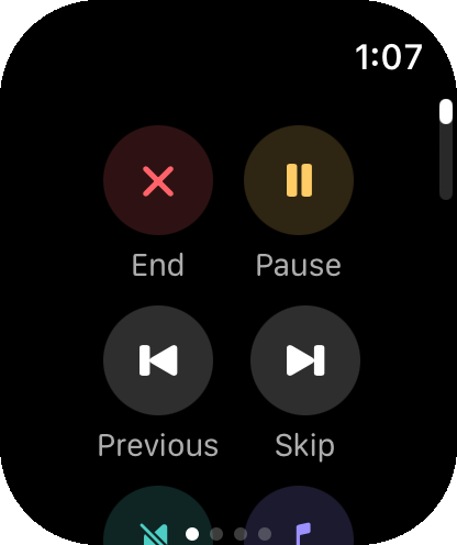 Apple Watch controls page with End, Pause, Previous, and Skip buttons