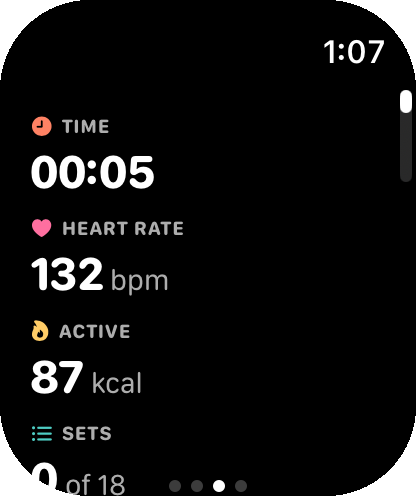 Apple Watch metrics page showing elapsed time, 132 bpm heart rate, 87 active kilocalories, and sets completed