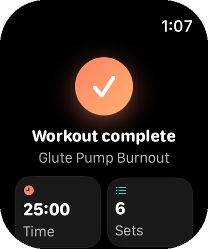 Apple Watch workout complete summary with time and sets